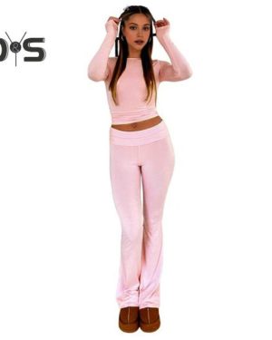 (pink, S) 2 Pcs/Set Women Top Pants Suit Round Neck Long Sleeves Solid Color Skinny Blouse Elastic Waist Flared Leg Trousers Daily Wear Sport Outfit F
