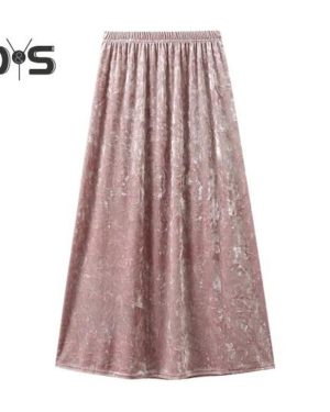 (pink) Women Midi Skirt Elastic High Waist Mid-calf Length Skirt Solid Color Glossy Velvet Large Hem Skirt Daily Wear