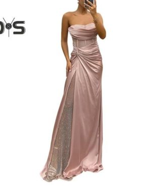 (pink, XL) Lady Evening Dress Bandeau Off Shoulder Sleeveless Pleated Knot Mesh Patchwork Shiny Sequin Ball Gown Satin Floor Length Banquet Prom Maxi