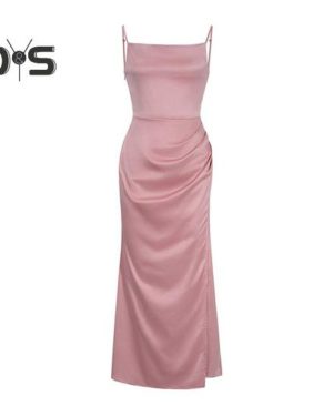 (pink, XL) Women's Satin Bodycon Dress Spaghetti Strap Side Slip Long Dress Cowl Neck Sexy Club Midi Dresses For Evening Birthday Party Weddings