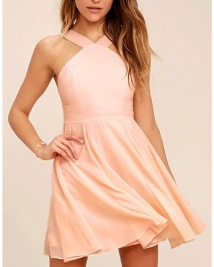 (pink, XXXL) Women Sleeveless Backless Sexy Club Mini Dress 2024 Summer Party Strappy Back Zipper Solid Shift Halter Short Dresses