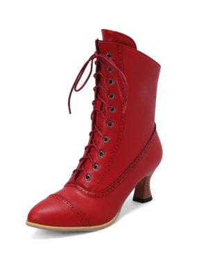 (red, 39) Annymoli Women Ankle Short Boots Pointed Toe Block High Heels Lace-up Zipper Combat Boots Ladies Fashion Shoes Winter White 46