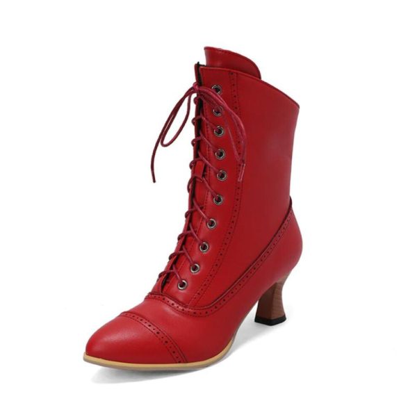 (red, 39) Annymoli Women Ankle Short Boots Pointed Toe Block High Heels Lace-up Zipper Combat Boots Ladies Fashion Shoes Winter White 46