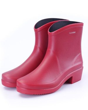 (red, 39) Fashion Short High Heel Rain Shoes Women's Adult Pvc Rain Boots Waterproof Rubber Shoes Anti-skid Work Martin Boots