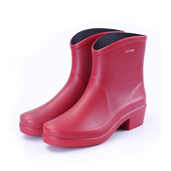(red, 39) Fashion Short High Heel Rain Shoes Women's Adult Pvc Rain Boots Waterproof Rubber Shoes Anti-skid Work Martin Boots