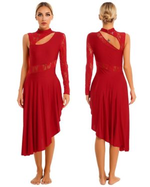 (red, L) Women's Asymmetrical Praise Dance Tunic Dress Lyrical Dancewear Lace Spliced Cutout Dress Dance Party Dress