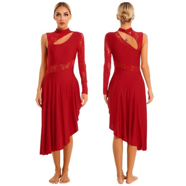 (red, L) Women's Asymmetrical Praise Dance Tunic Dress Lyrical Dancewear Lace Spliced Cutout Dress Dance Party Dress