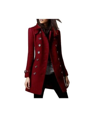(red, L) Women's Military Style Stand Collar Woolen Coat Double Breasted Woolen Blends Coat