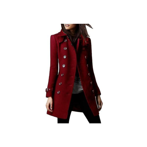 (red, L) Women's Military Style Stand Collar Woolen Coat Double Breasted Woolen Blends Coat