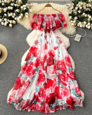 (red, M) Summer Off Shoulder Gorgeous Flower Holiday Chiffon Dress Women Slash Neck Floral Print Elastic Waist Long Robes