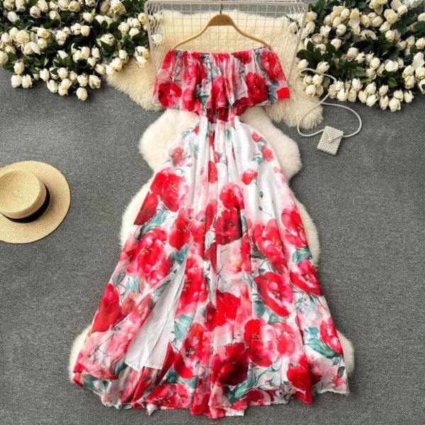 (red, M) Summer Off Shoulder Gorgeous Flower Holiday Chiffon Dress Women Slash Neck Floral Print Elastic Waist Long Robes