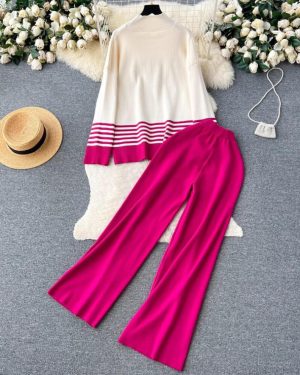 (red, One Size) Fall Winter Women Turtleneck Long Sleeve Striped Knitted Pullover Tops + Wide-leg Pants Suits Two Piece Set Womens Outfits