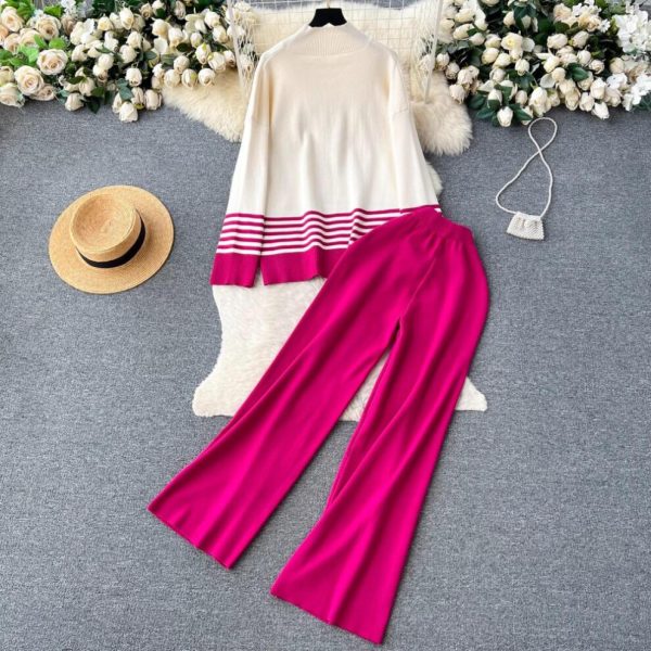 (red, One Size) Fall Winter Women Turtleneck Long Sleeve Striped Knitted Pullover Tops + Wide-leg Pants Suits Two Piece Set Womens Outfits