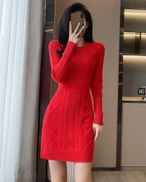 (red, One Size) Knitted Sweater Dress Women Autumn/winter O Neck Long Sleeve Solid Wrapped Hip Bottom Fur Dress Sweater Pullover Female