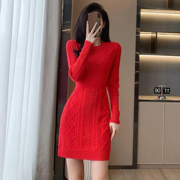 (red, One Size) Knitted Sweater Dress Women Autumn/winter O Neck Long Sleeve Solid Wrapped Hip Bottom Fur Dress Sweater Pullover Female