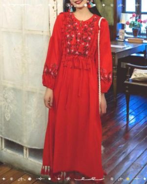 (red, One Size) Rugod Retro Ethnic Style New Heavy Industry Embroidery Tassel Lace Cotton And Linen Dress Sen Series Literary Travel Large Swing Long