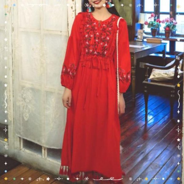(red, One Size) Rugod Retro Ethnic Style New Heavy Industry Embroidery Tassel Lace Cotton And Linen Dress Sen Series Literary Travel Large Swing Long