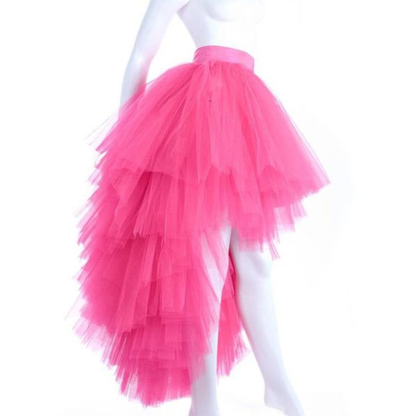 (red, One Size) Top Quality Women Ruffles Fashion Asymmetrical High Long Waist Mesh Tutu Tulle Midi Skirt White Pink Women
