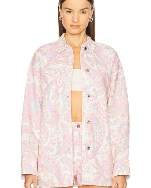 retrofete Aurelie Denim Shirt in Pink. Size M, S, XL, XXL.