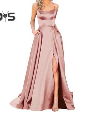 (rose gold, 2XL) Evening Dress Spaghetti Strap High Slit Off Shoulder Backless Sleeveless Side Pockets A-line Floor Length Satin Pure Color Prom Banqu