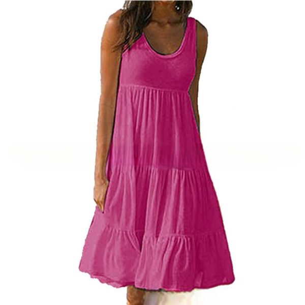 (rose red, XXXXXL) Xs-5xl Plus Size Women's Casual Spring And Summer O-neck Strapless Dress Sleeveless Dress Loose Vest A-line Dress