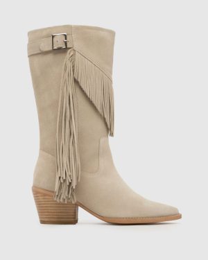 schuh Dina Suede Tassel Western Boots in Beige
