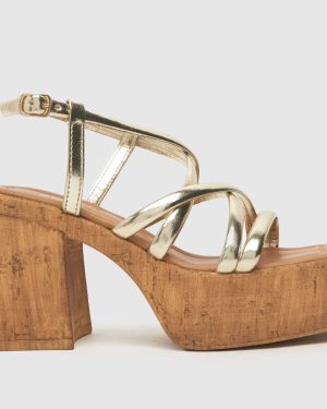 schuh Vivian Strappy Cork Platform Sandals in Gold