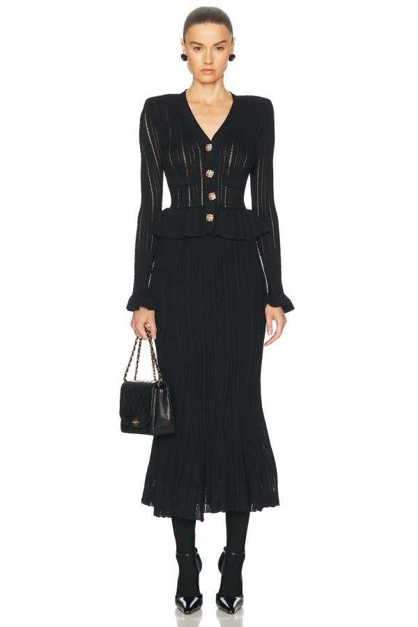 self-portrait Knit Peplum Midi Dress in Black - Black. Size L (also in S).