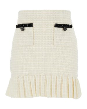 self-portrait Mini White Skirt With Pleated Hem In Tweed Woman