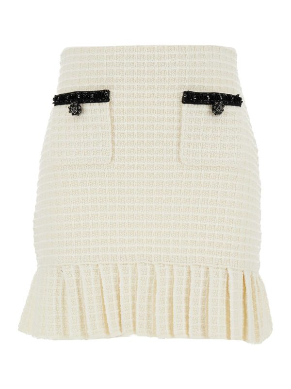 self-portrait Mini White Skirt With Pleated Hem In Tweed Woman