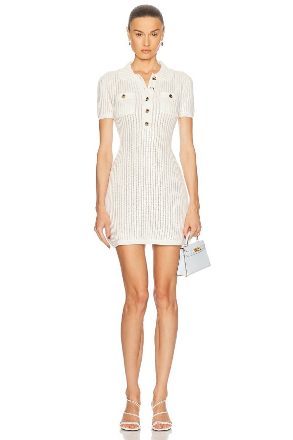 self-portrait Sequin Crochet Mini Dress in White - White. Size L (also in M, XS).