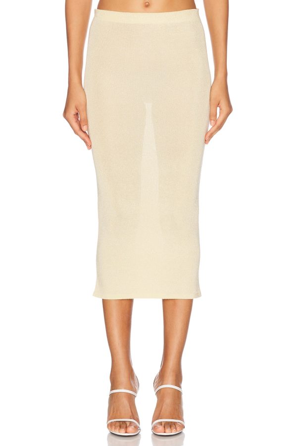 self-portrait Viscose Knit Midi Skirt in Yellow - Yellow. Size L (also in M, S, XS).