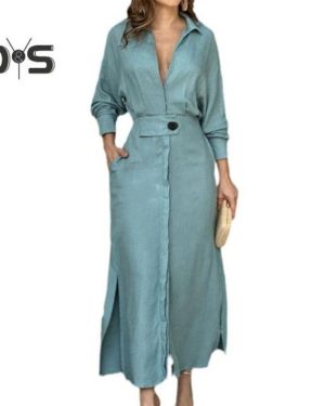 (sky blue, XL) Fall Spring Women Dress Slim Waist Long Sleeves Split Hem Pure Color Lapel V Neck Shirt Type Ol Commute Dating Maxi Dress