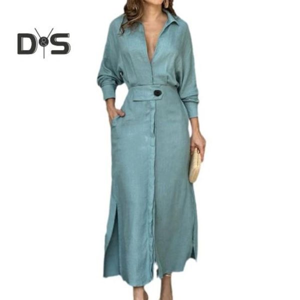(sky blue, XL) Fall Spring Women Dress Slim Waist Long Sleeves Split Hem Pure Color Lapel V Neck Shirt Type Ol Commute Dating Maxi Dress