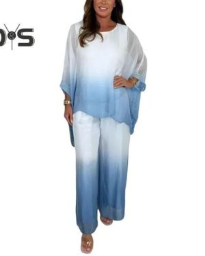 (sky blue, XL) Summer Chiffon Gradient 2 Piece Set for Women Plus Size Crew Neck Top Wide-leg Pant Set Casual Loungewear Outfit