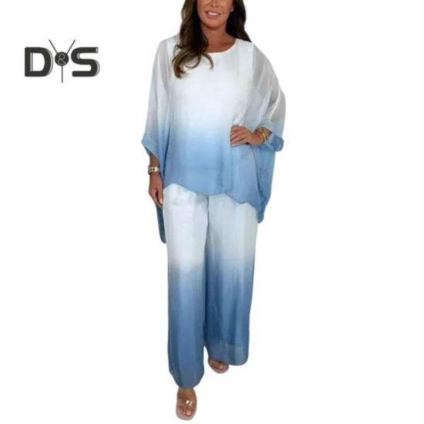 (sky blue, XL) Summer Chiffon Gradient 2 Piece Set for Women Plus Size Crew Neck Top Wide-leg Pant Set Casual Loungewear Outfit