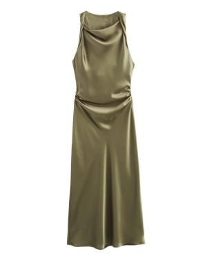 (tea green, M) European & American Style Women's Sleeveless Satin Dress With Round Neck - 3897158