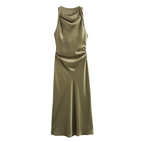 (tea green, M) European & American Style Women's Sleeveless Satin Dress With Round Neck - 3897158