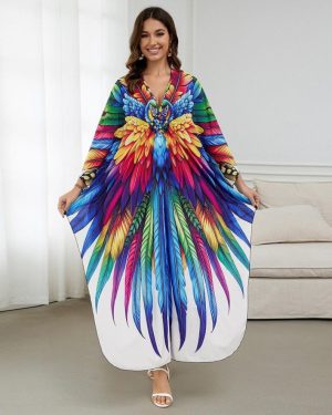 (tea rose, One Size) Beach Kaftans For Women Printed Maxi Dresses Cover Ups For Swimwear Summer Vacation Bathing Suits Factory Supply Big Sales