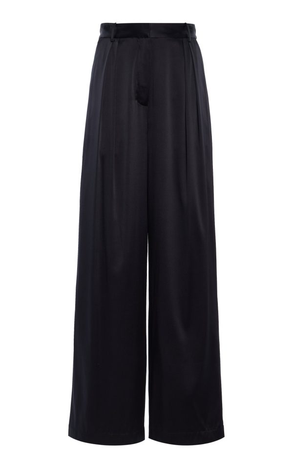 terne - Josephine Pleated Stretch-Silk Satin Wide-Leg Pants - Black - S - Moda Operandi