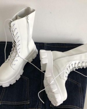 (white, 36) Mid Calf Boots Women Autumn Winter Fashion Lace-up Ladies Chelsea Zipper Boots Sports Platform Heel Ladies Shoes