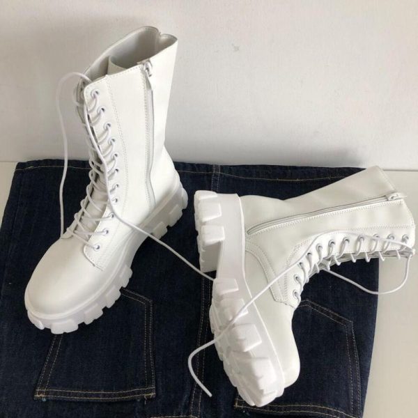 (white, 36) Mid Calf Boots Women Autumn Winter Fashion Lace-up Ladies Chelsea Zipper Boots Sports Platform Heel Ladies Shoes