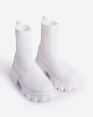 (white, 40) 2024 Casual Stretch Fabric Platform Boots Fashion Slip-on Women Ankle Boots Knitted Sock Platform Shoes Sports Short Boots Plus Sizes 43