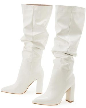 (white, 40) Eilyken Sexy Street Designer Pointed Toe Knee-High Boot Woman Fashion Patent Leather Chunky High Heels Long Booties Shoes