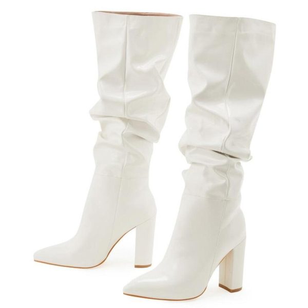 (white, 40) Eilyken Sexy Street Designer Pointed Toe Knee-High Boot Woman Fashion Patent Leather Chunky High Heels Long Booties Shoes