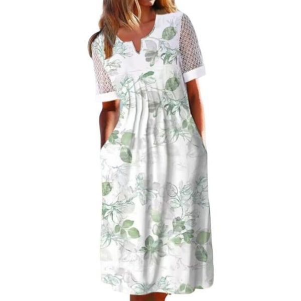 (white, 4XL) Pockets Summer Dress Anti-pilling Popular Floral Cocktail Tunic Long Streetwear Dressing Up