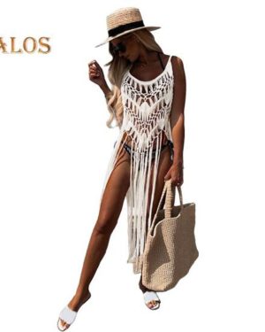 (white) Boho Beach Dress For Women Hollow Fringe Hem Sexy Cover Up Dress Summer Bathing Suits Smock Crochet Tassel Sling Beachwear