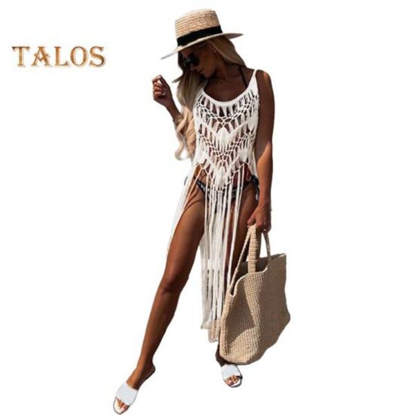 (white) Boho Beach Dress For Women Hollow Fringe Hem Sexy Cover Up Dress Summer Bathing Suits Smock Crochet Tassel Sling Beachwear