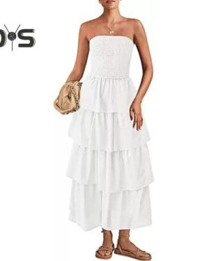 (white, L) Lady Strapless Dress Off Shoulder Backless Sleeveless Beach Dress Layered Ruffle Scattered Hem Vacation Dress Elastic Bust Maxi Dress