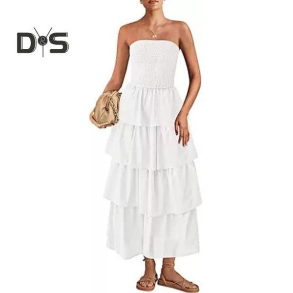 (white, L) Lady Strapless Dress Off Shoulder Backless Sleeveless Beach Dress Layered Ruffle Scattered Hem Vacation Dress Elastic Bust Maxi Dress